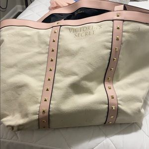 Large VS ivory colored tote with pink trim